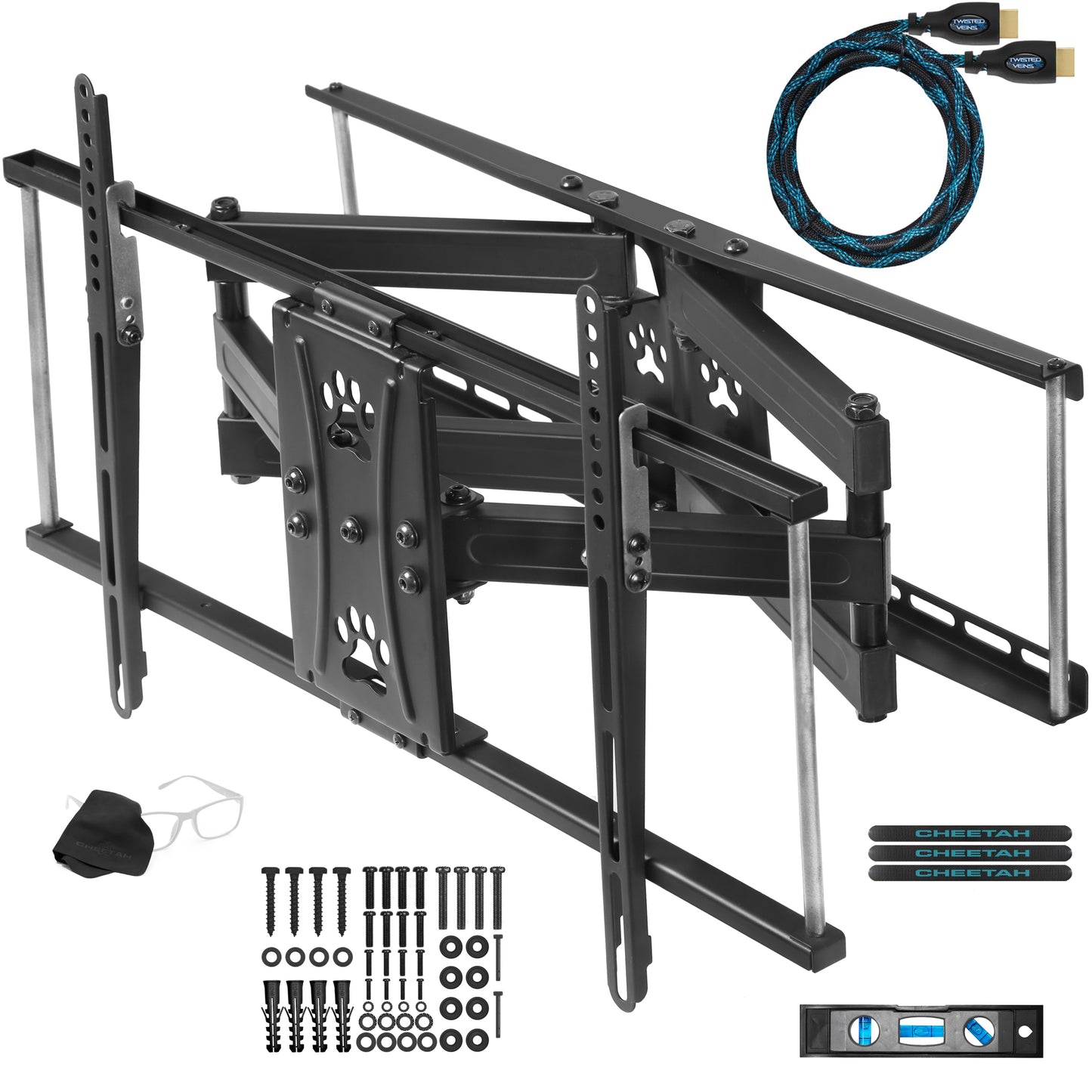 Cheetah Mounts APDAM2B Articulating Dual Arm TV Wall Mount Bracket for 32 to 65-Inch LCD, LED, Plasma, Flat Screen Monitors Bundle with Twisted Veins 10-Feet HDMI Cable and 6-Inch Level