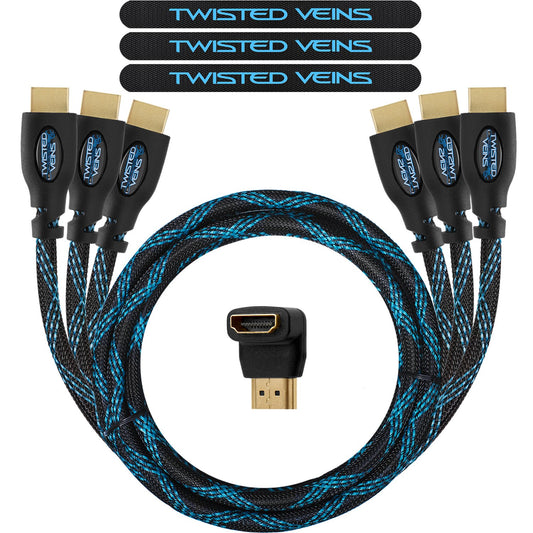 Twisted Veins HDMI Cable 1.5 ft (Actually 1.6ft / 0.5m), 3-Pack, Premium HDMI Braided Cord Type High Speed with Ethernet, Supports HDMI 2.0b 4K 60hz HDR and ARC