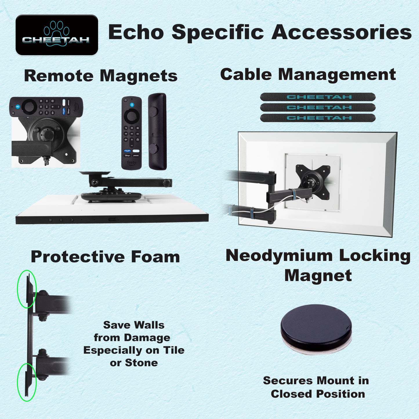 Cheetah CH-Echo Articulating Arm Wall Mount Echo Show 15 & 21, Max Weight 40lbs, Max VESA 100, 1.3" Profile, Extends to 15", Full Motion Tilt, Swivel, and Rotation