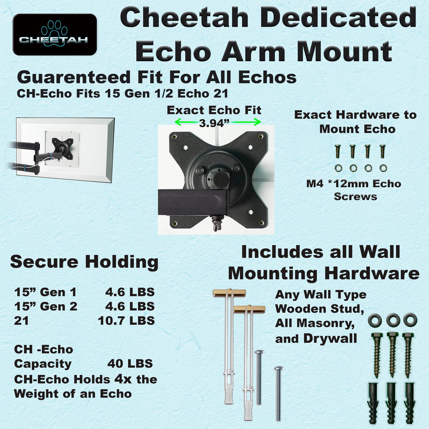 Cheetah CH-Echo Articulating Arm Wall Mount Echo Show 15 & 21, Max Weight 40lbs, Max VESA 100, 1.3" Profile, Extends to 15", Full Motion Tilt, Swivel, and Rotation