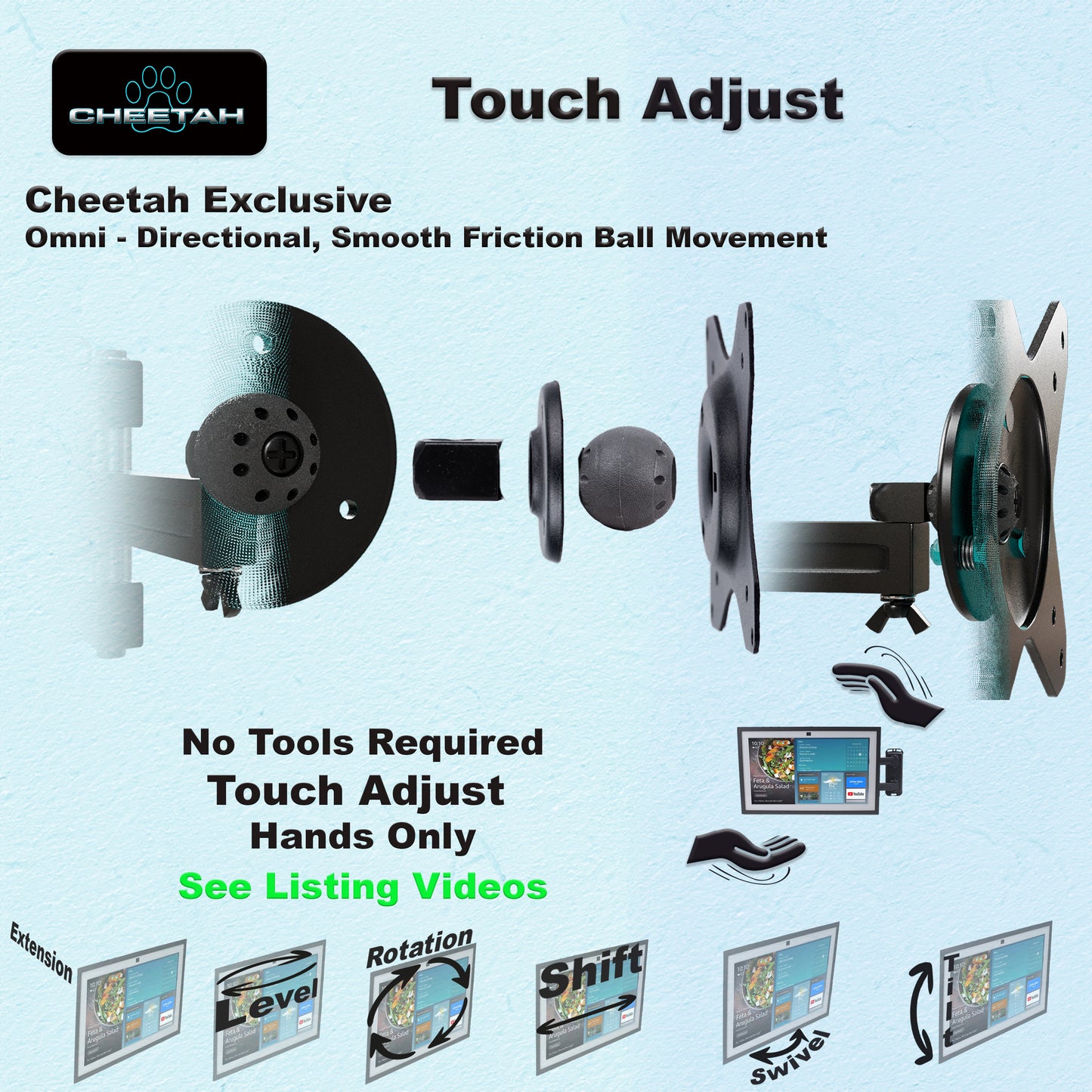 Cheetah CH-Echo Articulating Arm Wall Mount Echo Show 15 & 21, Max Weight 40lbs, Max VESA 100, 1.3" Profile, Extends to 15", Full Motion Tilt, Swivel, and Rotation